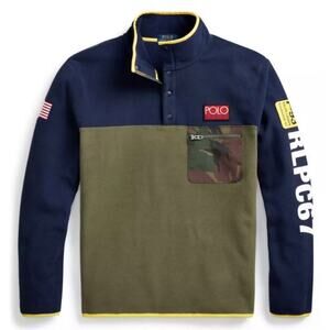 Polo Ralph Lauren Mens M Fleece Pullover Jacket RL67 USA Flag Mock Neck Hi Tech